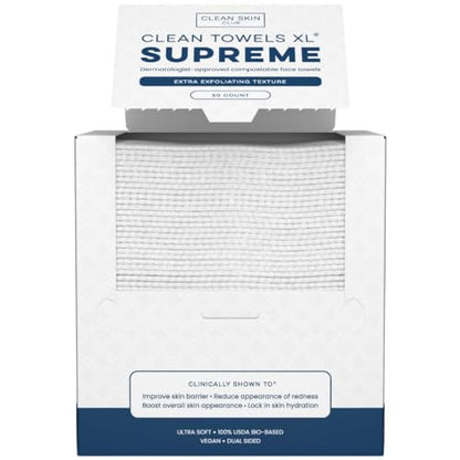 Clean Skin Club Clean Towels XL™ Supreme, 100% USDA Biobased Face Towel, Disposable Face Towelette, Eczema Association Accepted, Makeup Remover Dry Wipes, Ultra Soft, 50 Ct, 1 Pack