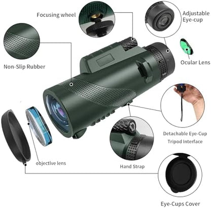 10X42 HD Monocular for Adults, Military Grade Compact Monocular Telescope with BAK-4 Prism & FMC Lens & Smartphone Holder & Tripod, Stargazing Hunting Bird Watching, Camping Hiking Travel Accessories