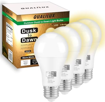 Dusk to Dawn LED Light Bulbs Outdoor, Automatic On/Off, 60W Equivalent, Warm White 3000K, Energy Efficient 9.5W, 850 Lumen, A19, E26 Base, 4-Pack, HQ-H009