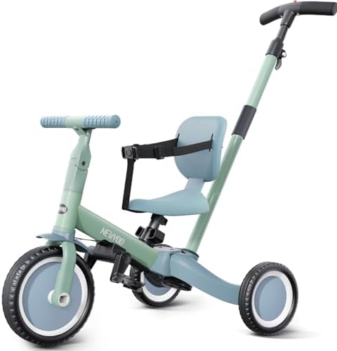 newyoo Toddler Tricycle with Push Handle for 1-3 Year Old, Toddler Bike, Birthday Gifts and Toys for Boys and Girls, 5 in 1 Kids Trike, Convert to Baby Balance Bike, Green, TR007
