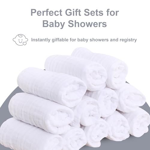 SWEET DOLPHIN 12 Pack Baby Muslin Washcloths - Soft Face Cloths for Newborn, Absorbent Bath Wash Cloths, Wipes, Burp Rag - Toddlers Essentials Stuff, Baby Registry as Shower -10"x10", White