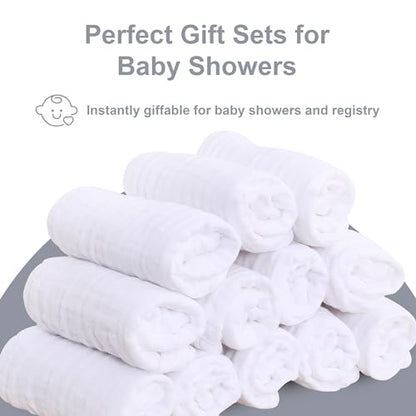SWEET DOLPHIN 12 Pack Baby Muslin Washcloths - Soft Face Cloths for Newborn, Absorbent Bath Wash Cloths, Wipes, Burp Rag - Toddlers Essentials Stuff, Baby Registry as Shower -10"x10", White