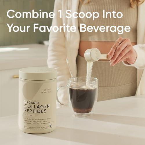 Sports Research Organic Collagen Peptides - Hydrolyzed Type I & III Collagen Protein Powder Made Sustainably from Grass-Fed Cows - Unflavored - 30 Servings