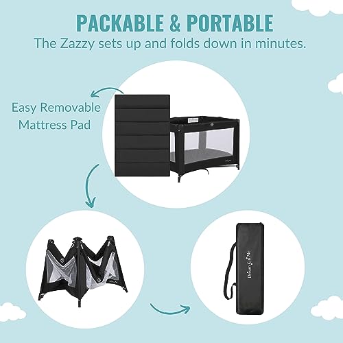 Dream On Me Zazzy Portable Playard with Bassinet in Black, Lightweight Packable and Easy Setup Baby Playard with Mattress and Travel Bag