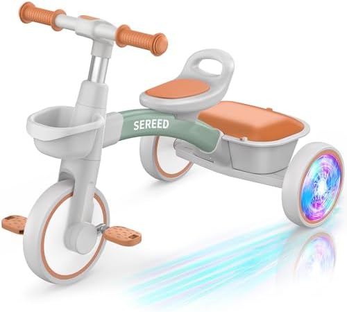 SEREED Colorful Lighting Toddler Tricycle for 2-5 Years Old Boys Girls, Adjustable Seat&Handlebar Trike, Removable Basket, Birthday Gift Idea for Kids Ages 2+ (Green)