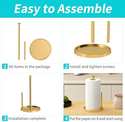 Paper Towel Holder Countertop, Standing Paper Roll Holder with Anti Slip Weighted Base, Stainless Steel Freestanding Paper Towel Holder for Kitchen, Gold