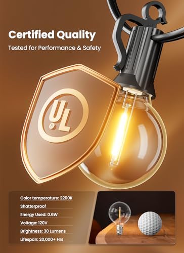 Outdoor String Lights 25 Feet G40 LED Patio Lights, Plug-in, 13 Plastic Edison Bulbs(1 Spare), Waterproof Connectable Hanging Light for Backyard Porch Balcony Party Decor, E12 Base, Black