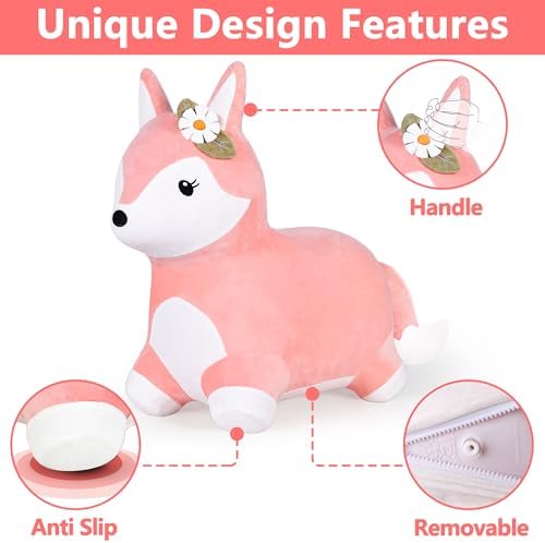 iPlay, iLearn Bouncy Pals Hopping Fox Horse, Toddler Girl Inflatable Bouncing Animal Hopper Toy, Outdoor Indoor Plush Ride on Bouncer, Baby Birthday Gift 18 Month 2 3 4 Year Old Kid - Fox