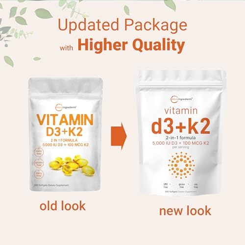Micro Ingredients Vitamin D3 5,000 IU + K2 MK-7 100 mcg, 300 Softgels | 2-in-1 Bone, Immune & Heart Support | Easy to Swallow, Non-GMO