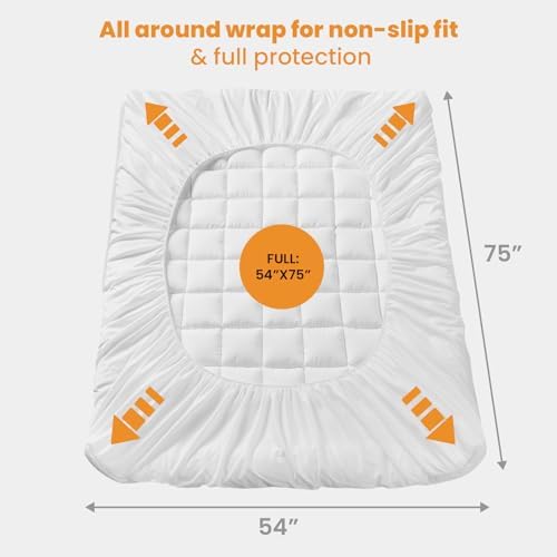 MATBEBY Full Size Mattress Pad - Cooling Breathable Mattress Topper, Quilted Fitted Mattress Protector, Pillow Top Mattress Cover with 8-21" Deep Pocket, Soft, Machine Washable, White, 54x75 Inches