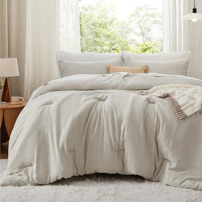 Bedsure King Size Comforter Set, Beige Soft Prewashed Bedding for All Seasons, 3 Pieces GentleSoft™ Warm Down Alternative Bed Set, 1 Lightweight Comforter (104"x90") and 2 Pillowcases (20"x36")