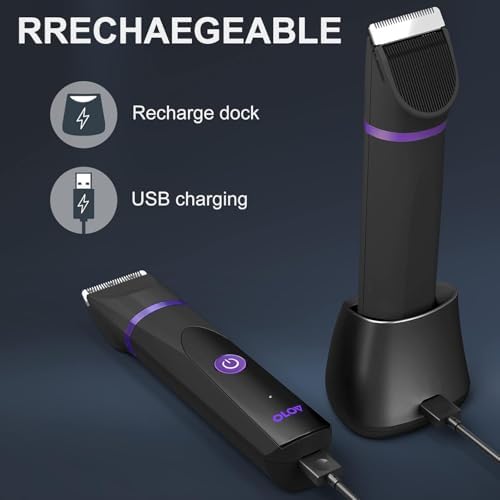 OLOV Electric Body Hair Trimmer - Groin Trimmer for Men - Bikini Trimmer Women - Wet/Dry Shaver Groomer, Replaceable Ceramic Blade Heads, USB Recharge Dock, Waterproof Hygiene Razor, Black Violet