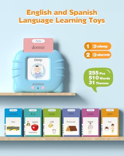 Bilingual Spanish and English Talking Flash Cards for 1-3, Airbition Pocket Speech Therapy Tools with 512 Words, Montessori Language Learning and Autism Aids, Children's Sensory Learning Kits