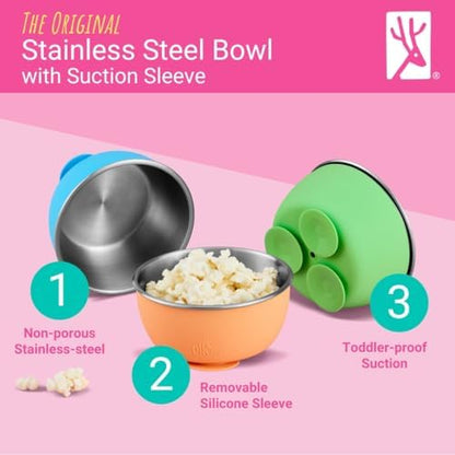 Elk and Friends Stainless Steel Bowls with Silicone Sleeve for Babies & Toddlers | Lids Included | Stay Put Suction | Cereal & Snack Bowls | 4 Pack