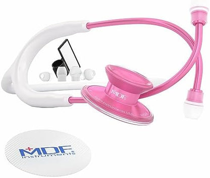 MDF Instruments, Acoustica Lightweight Stethoscope for Doctors, Nurses, Students, Home Health Use, Adult, Dual Head, White Tube, Pink Pinkore Chestpiece-Headset, MDF747XPPO29