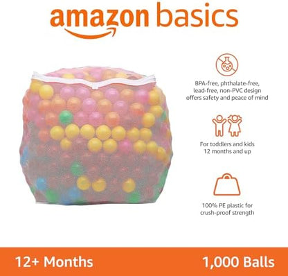 Amazon Basics BPA Free Crush-Proof Plastic Ball, Pit Balls with Storage Bag, for Toddlers Kids 12+ Months Play, Pack of 1000 Balls, 6 Bright Colors