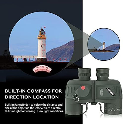 AOMEKIE Marine Binoculars for Adults 10x50 Waterproof Binoculars with Rangefinder Compass BAK4 Prism FMC Lens for Birdwatching Hunting Boating