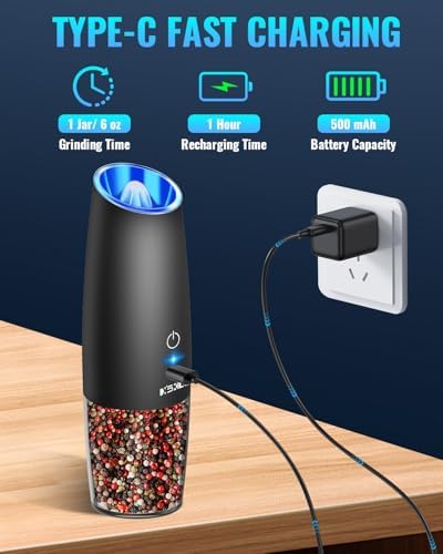 Rechargeable Electric Pepper and Salt Grinder Set, No Battery Needed, whit Gravity Sensing Switch and LED Light, One Hand Automatic Operation, Black 2 Pack