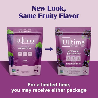Ultima Replenisher Daily Electrolyte Powder Drink Mix – Sugar Free – Grape, 20 Stickpacks – Hydration Packets with 6 Key Electrolytes and Trace Minerals – Keto Friendly, Vegan, Non-GMO