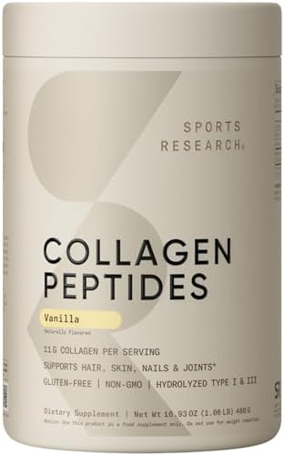 Sports Research Collagen Peptides - Hydrolyzed Type 1 & 3 Collagen Powder Protein Supplement for Healthy Skin, Nails, & Joints - Easy Mixing Vital Nutrients & Proteins, Collagen for Women & Men