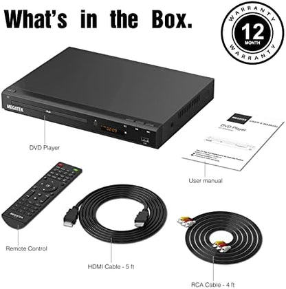 MEGATEK Region-Free HDMI DVD Player for TV, Compact CD/DVD Player for Smart TV, USB Port, Plays All Region DVDs & Multi Formats, Metal Housing, HDMI/RCA Cables & Remote Included