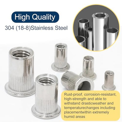 Metric 304 Stainless Steel Rivet Nut Assortment Kit(218 Pcs),M3 M4 M5 M6 M8 M10 Flat Head Rivnut Set,Rivnut Threaded Insert Nut