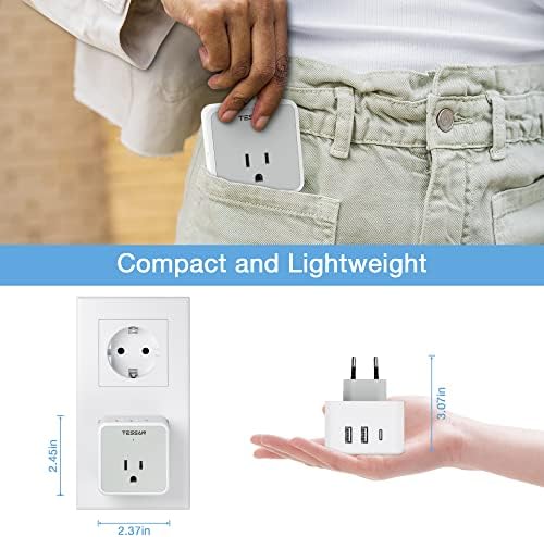 TESSAN All European UK Travel Plug Adapter Kit, International Detachable with 3 Outlet 3 USB Charger (1 USB C), Type C/G/E/F EU Ireland Power Adaptor, US to Europe Italy Spain France Greece