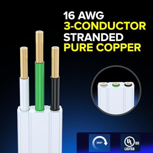 Maximm Cable 10 Ft 360° Rotating Flat Plug Extension Cord/Wire, 16 AWG Multi 3 Outlet Extension Wire, 3 Prong Grounded Wire - White - UL Certified