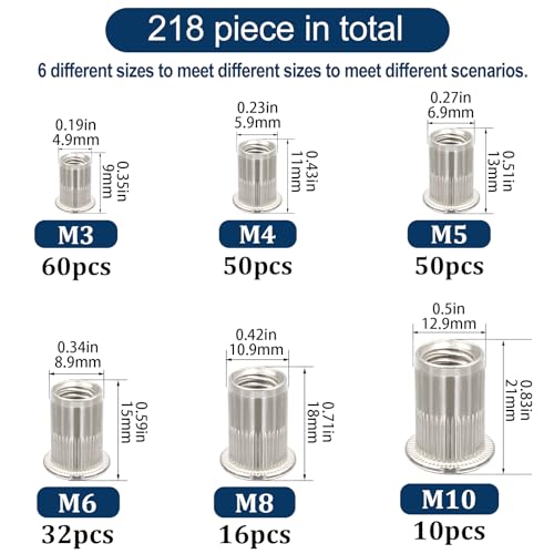 Metric 304 Stainless Steel Rivet Nut Assortment Kit(218 Pcs),M3 M4 M5 M6 M8 M10 Flat Head Rivnut Set,Rivnut Threaded Insert Nut