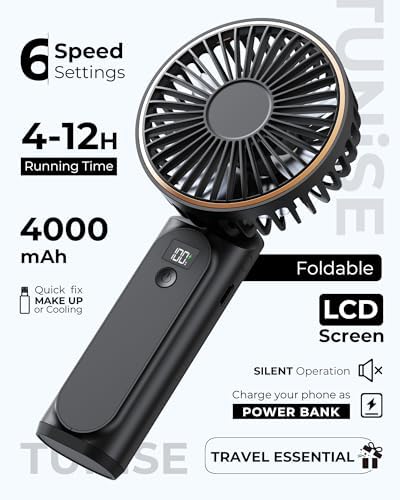 Portable Handheld Fan, 4000mAh, 180 Adjustable, 6 Speed Wind, Display Electricity in Real Time, USB Rechargeable Foldable Personal Fan