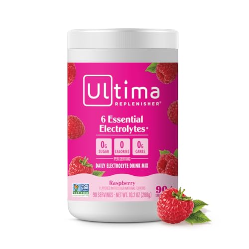 Ultima Replenisher Daily Electrolyte Powder Drink Mix – Sugar Free – Raspberry, 90 Servings – Hydration Powder with 6 Key Electrolytes and Trace Minerals – Keto Friendly, Vegan, Non-GMO