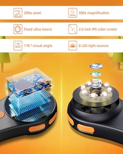 Digital Microscope Handheld 2.0 inch IPS Color Screen,Portable Digital Magnifying Glass 500x,Marco Microscope for Kids,Built-in 8LED Lights,USB Compatible with PC Windows, Mac OS