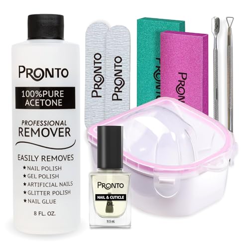 Pronto Gel Nail Polish Remover Kit – 8 Oz Pure Acetone 100 Percent, Nail File, Nail Polish Soak Off Bowl, Cuticle Oil for Nail Care + Manicure Set with Nail Buffer Block, Cuticle Pusher & Nail scraper