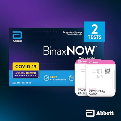 BinaxNOW COVID-19 Antigen Self Test, 1 Pack, 2 Tests Total, COVID Test With 15-Minute Results Without Sending to a Lab, Easy to Use at Home
