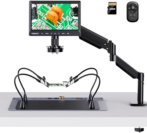 TOMLOV DM702 Flex-S 10.1" Digital Microscope with Soldering Helping Hands Station, Adults Coin Magnifying Glass with Flexible Boom Arm & Ring Light, USB Magnifier with Screen for Electronics Repair