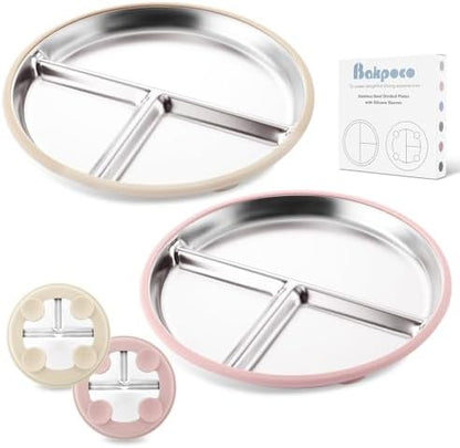 Stainless Steel Baby Plate with Suction, 9” Divided Toddler Plates with Removable Silicone Sleeves for Kids, Non-Toxic Non-Slip Unbreakable Dishwasher Safe Dinnerware Set of 2, Pink & Beige