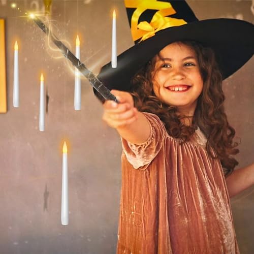 Flameless Floating Candles with Wand，20 Pcs Magic LED Hanging Taper Candles，Flickering Battery Operated Taper Candle with Wand Remote for Halloween Decorations Best Gift（White）
