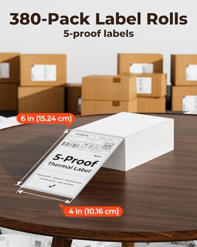 MUNBYN 4"x6" Direct Thermal Shipping Labels, Durable Waterproof, Oil-Proof, Scratch-Proof, Alcohol-Resistant, Tear-Resistant Label Paper for Thermal Printers, Packages, 380 Sheets/Fanfold