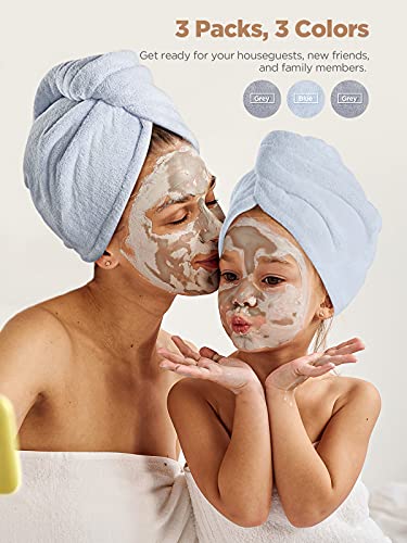 Hicober Microfiber Hair Towel, 3 Packs Hair Turbans for Wet Hair, Drying Hair Wrap Towels for Curly Hair Women Anti Frizz (Grey,Blue,Grey)