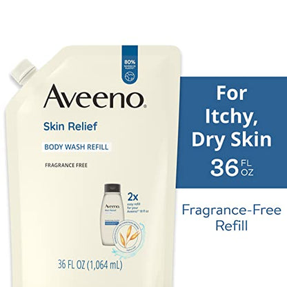 Aveeno Skin Relief Fragrance-Free Body Wash Refill with Oat to Soothe Itchy, Dry Skin, Gentle, Formulated without Soaps, Dyes, Parabens, Phthalates & Alcohol, for Sensitive Skin, 36 fl. oz (Pack of 2)