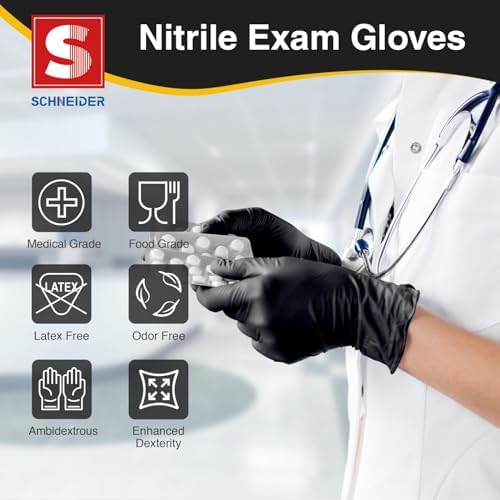 Schneider Nitrile Exam Gloves, Black Latex Free Powder Free Disposable Gloves for Medical, Cooking, Cleaning, and Food Prep