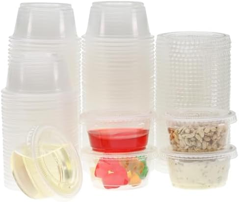 Freshware Plastic Portion Cups with Lids [2 Ounce, 400 Set] Disposable Plastic Cups for Meal Prep, Salad Dressing, Jellos Shot Cups, Souffle Cups, Condiment and Dipping Sauce Cups
