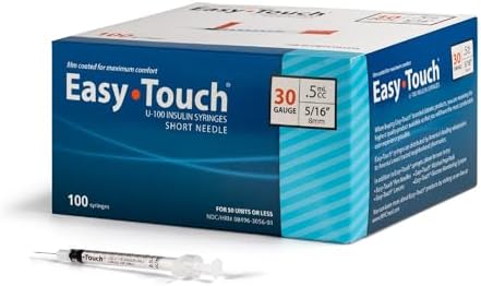 Easy Touch U-100 Insulin Syringe with Needle, 30G 0.5cc 5/16-Inch (8mm), Box of 100