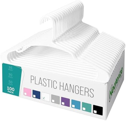 NEATERIZE Clothes Hangers Plastic 100 Pack For Adults - Plastic Hangers, The Perfect Coat Hanger and Space Saving Clothes Hangers for Closet, Percheros Ganchos para Colgar Ropa Hangars - White Hangers