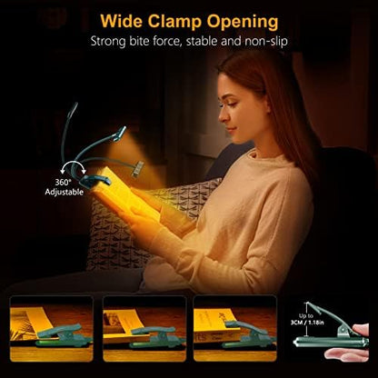 Gritin 19 LED Rechargeable Book Light for Reading in Bed with Memory Function- Eye Caring 3 Color Temperatures,Stepless Dimming Brightness,80 Hrs Runtime Clip on Light for Book Lovers-Blackish Green