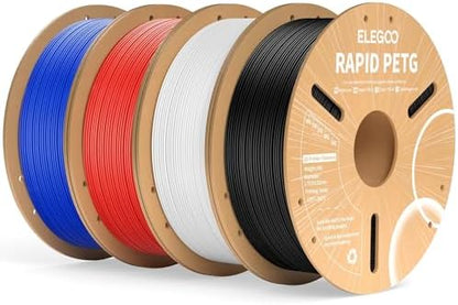 ELEGOO Rapid PETG Filament 1.75mm Bundle 4KG, High Speed 30-600mm/s 3D Printer Filament Accuracy +/- 0.02 mm, 1kg Cardboard Spool(2.2lbs), Fits for Most FDM 3D Printers(Black, White, Blue, Red)