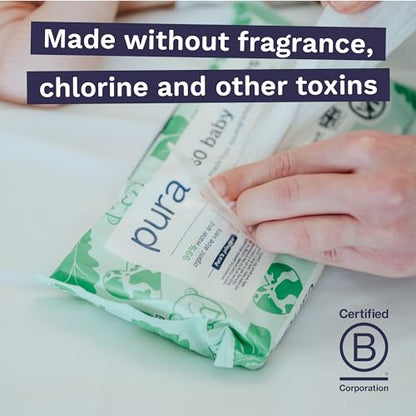 Pura Natural Sensitive Baby Wipes, 99% Water, Unscented & Hypoallergenic, Suitable for Sensitive & Eczema-prone Skin, Hypoallergenic, EWG Verified, 10 Pack of 60 Wet Wipes (600 Diaper Wipes) Bulk Buy