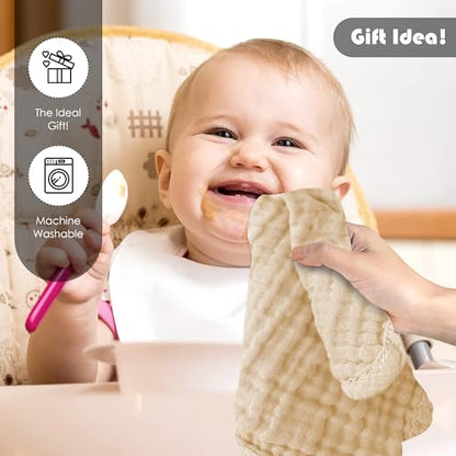 12 Pack Muslin Washcloths for Baby - 100% Cotton Baby Wash Cloths for or Baby Face Body Comfy and Soft for Newborn Infants Kids Girls and Boys - 12"x12" - Brown