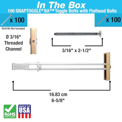 TOGGLER SNAPTOGGLE Heavy-Duty Drywall Toggle Bolt – 3/16"-24 UNC Zinc-Plated Anchor for Hollow Walls, Plaster & Tile – Holds 238 lbs in 1/2" Drywall, Easy Install – 100 Pack (W/Flathead Bolts)