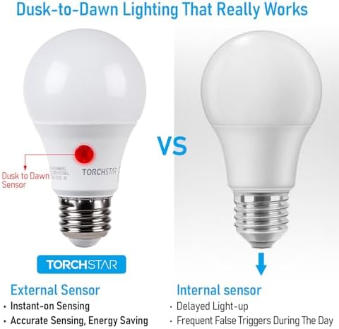 TORCHSTAR Dusk to Dawn Light Bulbs Outdoor, Sensor A19 LED Light Bulb, Auto on/Off Photocell Automatic for Outdoor Lighting, 2700K, Pack of 4